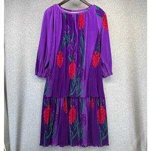 VTG LS Collections By Sunu Dress Womens Size M Purple Floral Polyamide Pleated